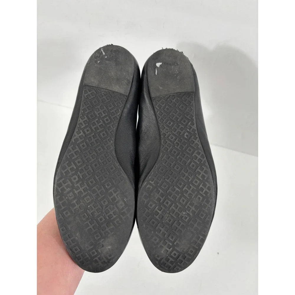 Tory Burch Black Lowell Leather Ballet Flats Embellished Logo Size 7 M